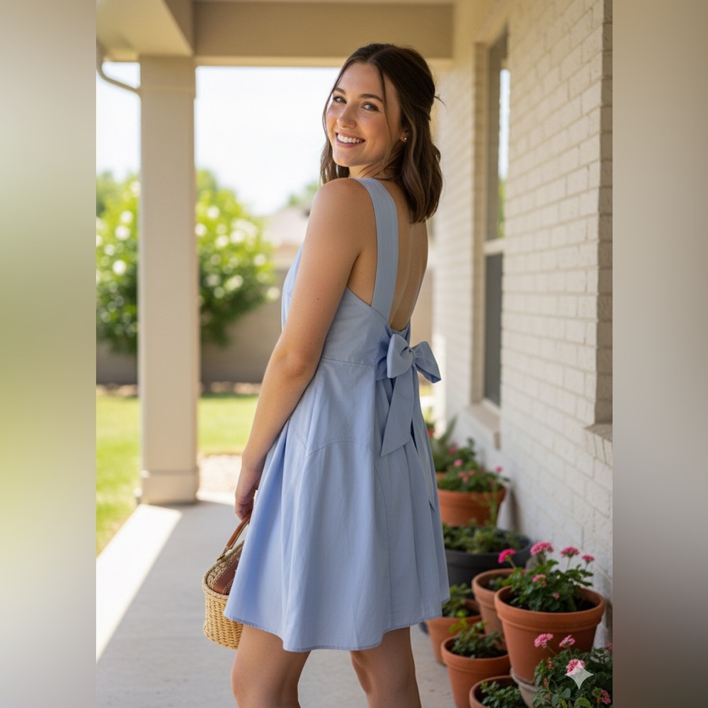 👗 Light Blue Elodie V-Neck Open Back Mini Dress Shirred Bow Tie Large NWT 🎀